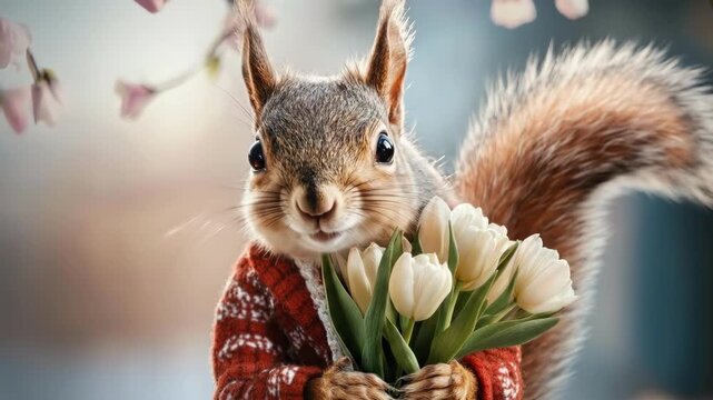 Adorable squirrel holding tulips in sweater among blossoms. March 8, International Women's Day. Mother's Day. Spring