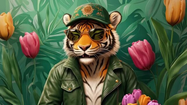 Stylish tiger in green jacket with sunglasses holding colorful tulips. March 8, International Women's Day. Mother's Day. Spring