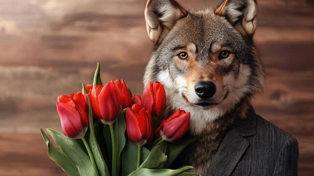 Wolf in suit holding red tulips against wooden background. March 8, International Women's Day. Mother's Day. Spring