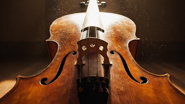 Solitary weathered cello resting on worn wooden floor in a softly lit empty room
