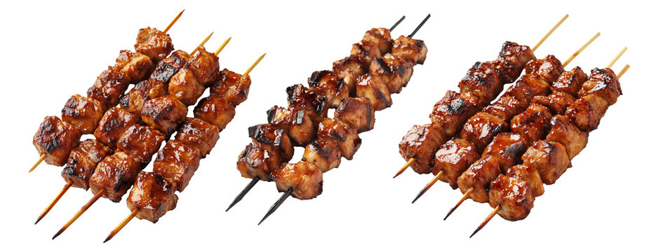 Grilled chicken yakitori skewer with teriyaki glaze or Isaw Filipino street food isolated on white transparent background