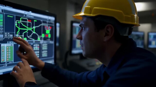 Worker monitors control systems in a technical room during evening shift in an industrial facility