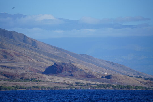 West Maui Mountain range viewed from a whale watching catamaran
