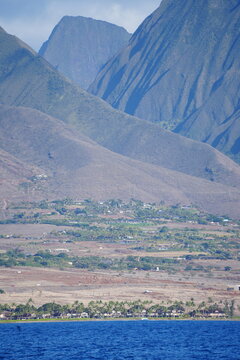 West Maui Mountain range viewed from a whale watching catamaran