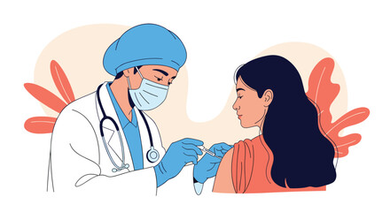 Fototapeta premium Male healthcare professional in a surgical mask and gloves administers a vaccine injection to a female patient in a medical clinic setting.