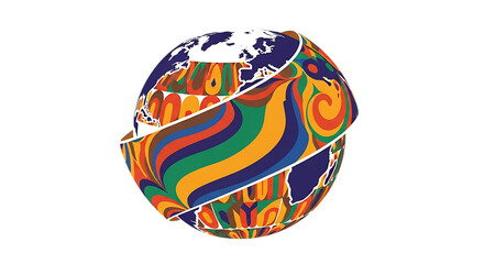Stylized globe with abstract, psychedelic patterns and vibrant colors, symbolizing global diversity and connection.