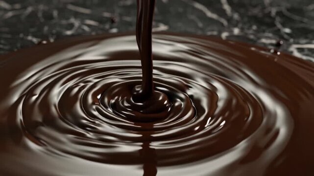 4K cinematic video dark chocolate forming swirling vortex reflective patterns polished marble slabs, slow-motion high-speed chocolate flow, glossy reflections, cinematic lighting textures, artisan