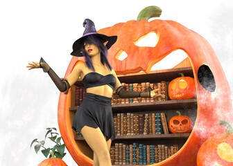 3D rendered witch in a purple hat stands before a giant carved pumpkin that reveals a bookshelf interior, surrounded by glowing pumpkin carved lanterns. Perfect for Halloween or magical themes.