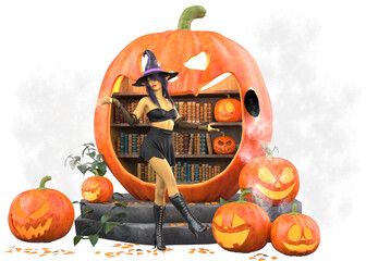 3D rendered witch in a purple hat stands before a giant carved pumpkin that reveals a bookshelf interior, surrounded by glowing pumpkin carved lanterns. Perfect for Halloween or magical themes.