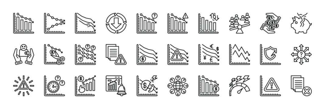 economic uncertainty icon set collection in line style. icon set consist of falling chart, volatile chart, broken arrow, downward arrow, question chart, warning graph, bar volatility