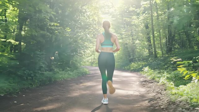 A fit woman jogs along a dirt path through a lush green forest, surrounded by dense foliage. 4k Video footage.