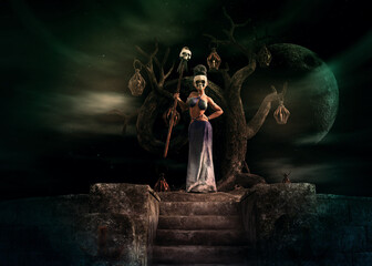 3D rendered fantasy woman in a shimmering silver gown stands on a stone platform under a gnarled tree, with a large moon and lanterns in a mystical blue night sky.
