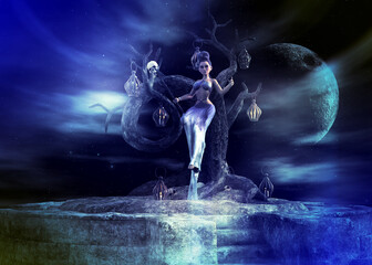 3D rendered fantasy woman in a shimmering silver gown stands on a stone platform under a gnarled tree, with a large moon and lanterns in a mystical blue night sky.