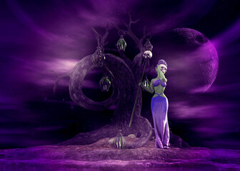 3D rendered fantasy woman in a shimmering silver gown stands on a stone platform under a gnarled tree, with a large moon and lanterns in a mystical blue night sky.