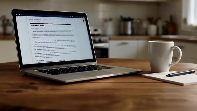 Working on a laptop at a kitchen table with a coffee cup and a notepad in a home setting