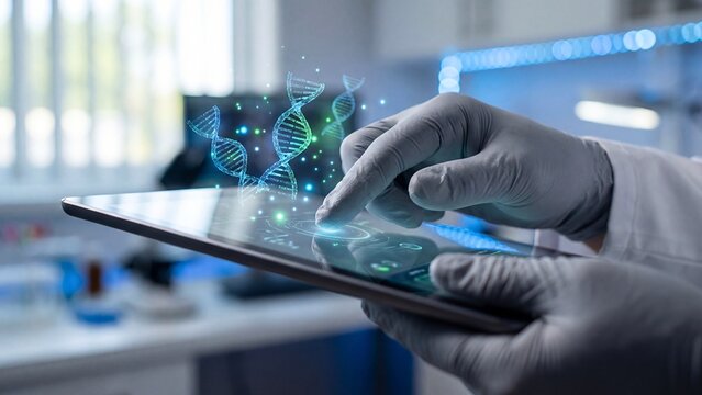 High tech laboratory worker analyzing glowing digital DNA sequence on modern tablet interface