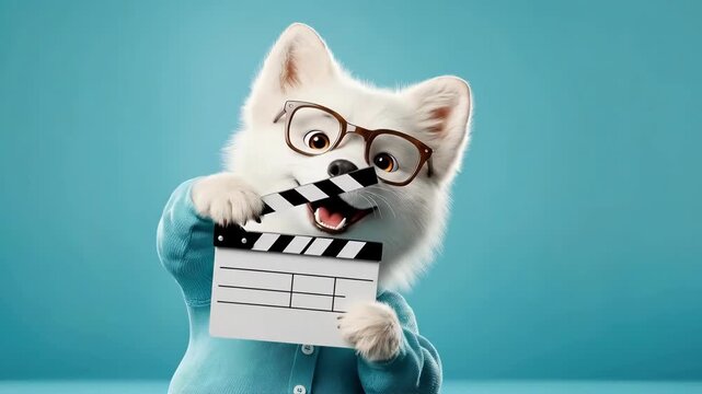 Happy dog with glasses posing with clapboard on blue background