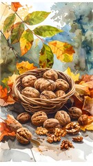 A wicker basket overflows with walnuts amidst autumn leaves