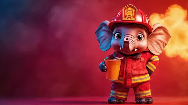 Cute elephant firefighter in uniform holding cup against vibrant background