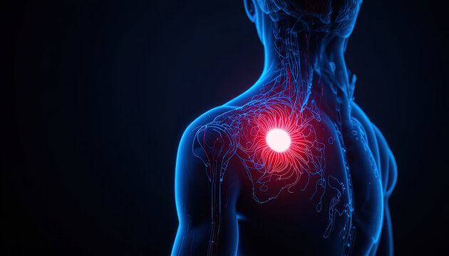 Illuminated representation highlights intense localized pain sensation in the upper back area of a human figure