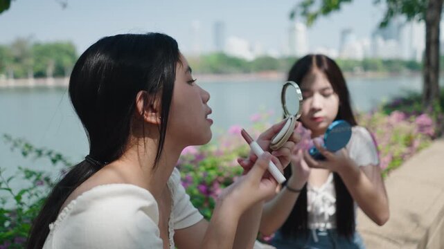 A girl is applying lipstick while sitting outside by a lake with another friend putting on makeup in the background