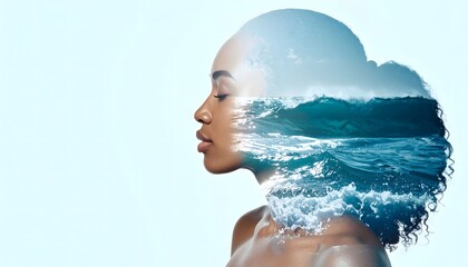 Perfil femenino con doble exposición de océano y olas como símbolo de serenidad y conexión interior