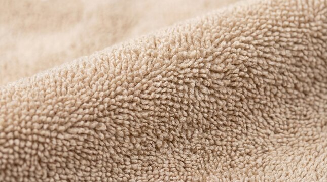 Close-up of soft beige terry cloth fabric texture. Fluffy, absorbent towel material background for comfort and textile concepts.