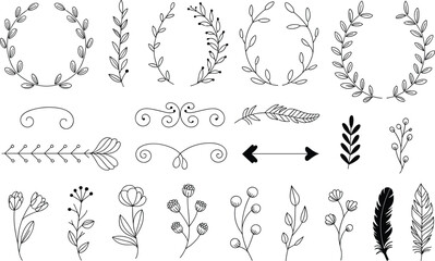 Fototapeta premium Minimalist hand-drawn vector set featuring elegant floral wreaths, rustic branches, decorative dividers, and bohemian feathers, perfect for wedding invitations and design projects.