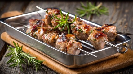 Fototapeta premium Grilled Lamb Skewers with Fresh Rosemary on a Stainless Plate