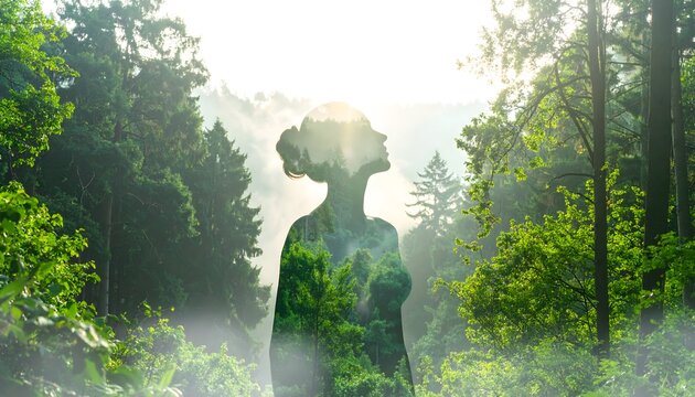 Silueta femenina integrada en bosque luminoso con niebla, concepto de conexi&oacute;n espiritual y fusi&oacute;n con la naturaleza