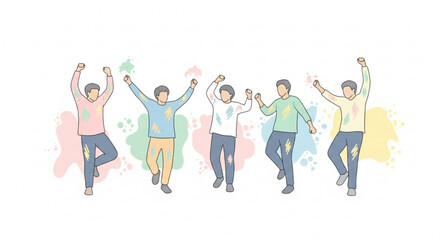 Fototapeta premium Group of diverse people celebrating with colorful powder splashes concept of joy and freedom isolated on white background