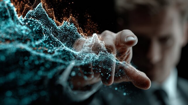 Visionary executive manipulates vibrant digital data streams, revealing future trends and innovation possibilities with a futuristic touch