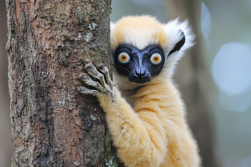 Naklejka premium Coquerels sifaka lemur peeks from behind a tree Generative AI