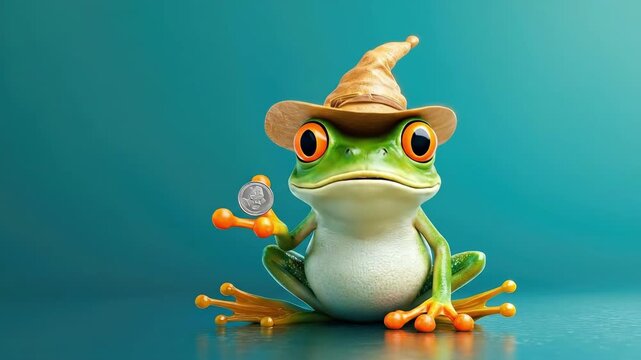 Whimsical frog wearing hat holding coin on blue background
