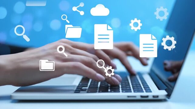 Person Typing on a Laptop with Animated Digital Icons Representing Cloud Computing Data Storage and Efficient File Management Systems for Modern Business.