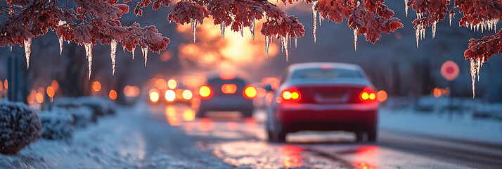 Icy branches hang above a winter road at sunset Generative AI