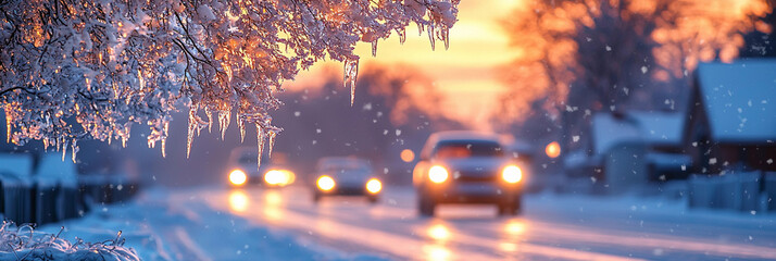 Icy branches hang over a road in winter during sunset Generative AI