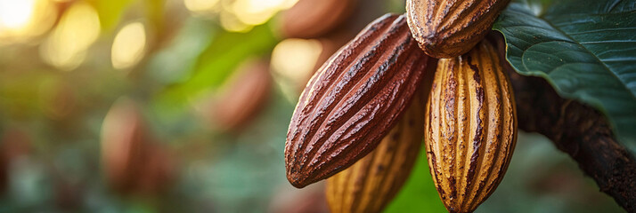 Cocoa pods growing on cacao tree in warm sunlight Generative AI