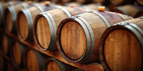 Wine barrels store aging wine in a wooden cellar Generative AI