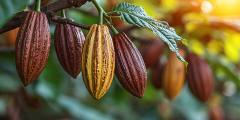 Cocoa pod growing on cacao tree in bright daylight Generative AI