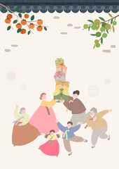 Fototapeta premium happy korean family in hanbok celebrating chuseok, traditional holiday gifts and family togetherness illustration