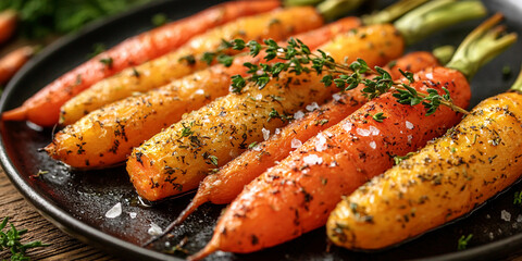 Roasted carrots with thyme and sea salt on a plate Generative AI