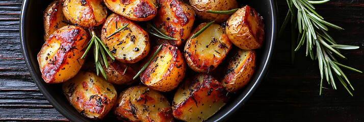 Roasted baby potatoes with rosemary in a black bowl Generative AI