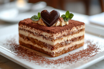 Tiramisu dessert with chocolate heart on top in a cafe Generative AI