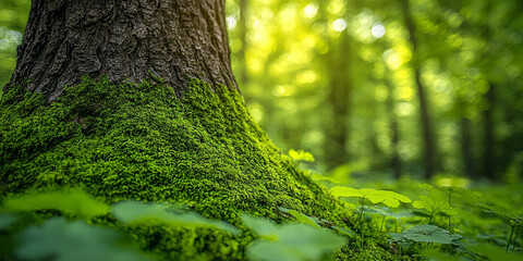 Moss covers tree trunk in a forest setting Generative AI
