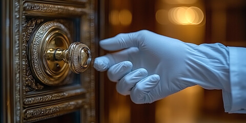 Gloved hand opens door in hotel setting at evening time Generative AI