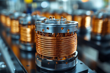 Close up view of copper wire coil winding process Generative AI
