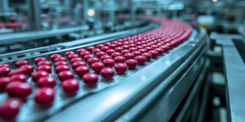 Pills move along the production line in a factory setting Generative AI