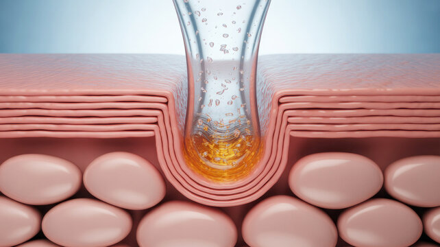 Microscopic view of liquid serum penetrating deep into skin layers with visible fat cells and epidermal structure