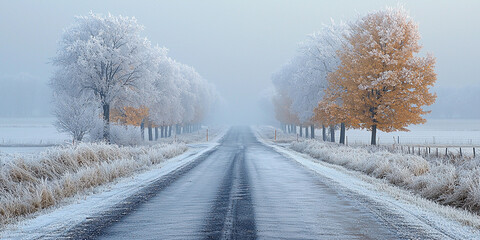Icy road with frosted trees in a winter scene Generative AI